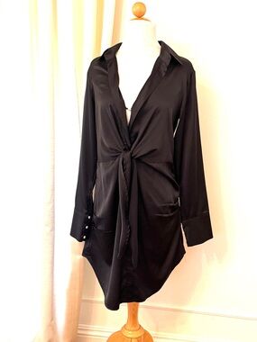 Black Satin Tie-Front Shirt Dress